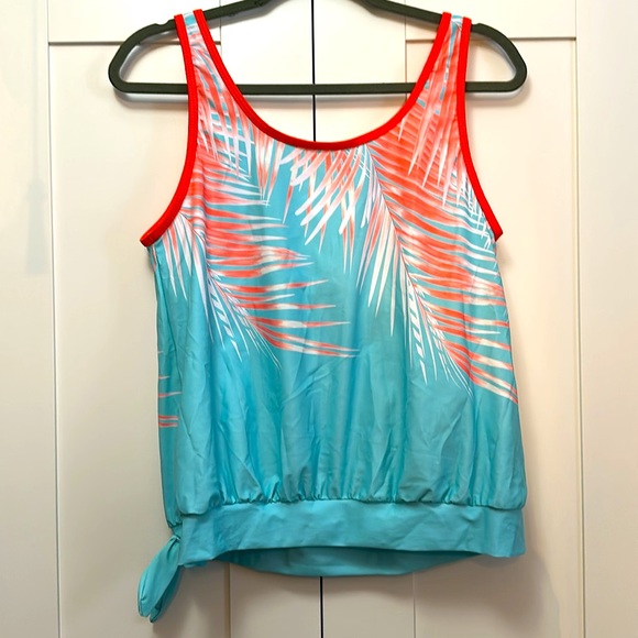 Tropical Print Women’s Tankini Swim Top Light Blue With Orange Trim NEW! - Picture 2 of 4